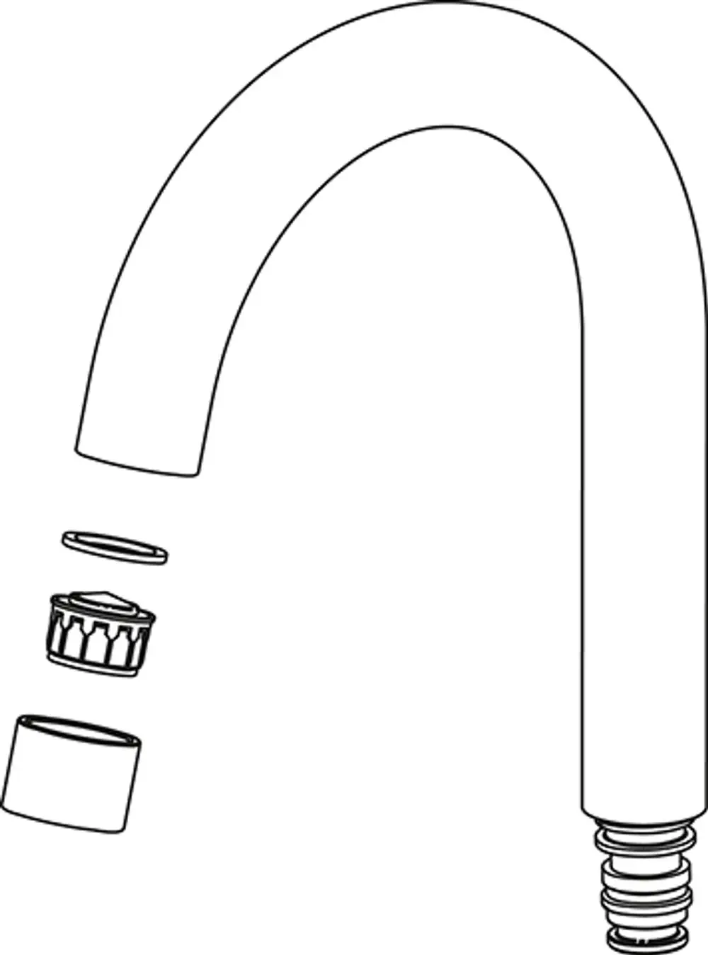 Rohrauslauf von Ideal Standard, mit gebogenem Design und mehreren abnehmbaren Komponenten für Installationen, dargestellt in schematischer Form.
